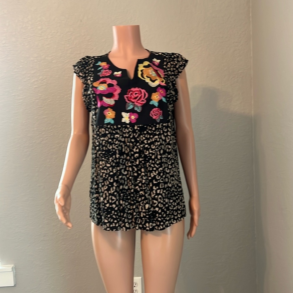 Savanna Jane Leopard Floral Embroidered Boho casual Blouse Womens Size L #115